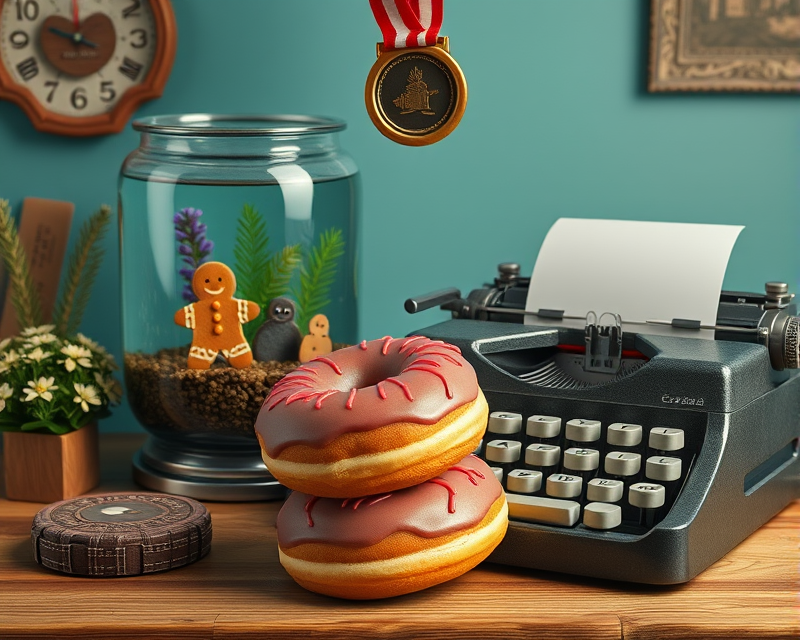 medal, donut, gingerbread, fish tank, typewriter